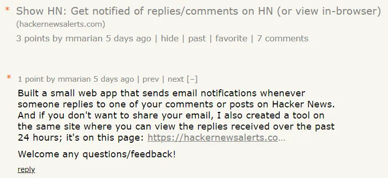 Show HN post for Hacker News comments alerts site