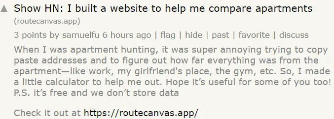 Show HN post for apartment comparison site